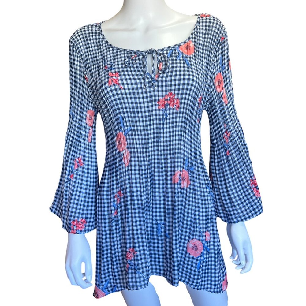 Melissa Paige Blue & White Gingham Floral Bell Sleeve Tunic Keyhole Neckline XL
